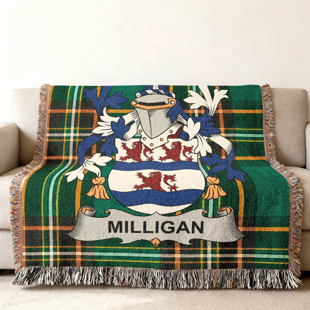 Green plaid throw blanket with the Milligan family crest and name.