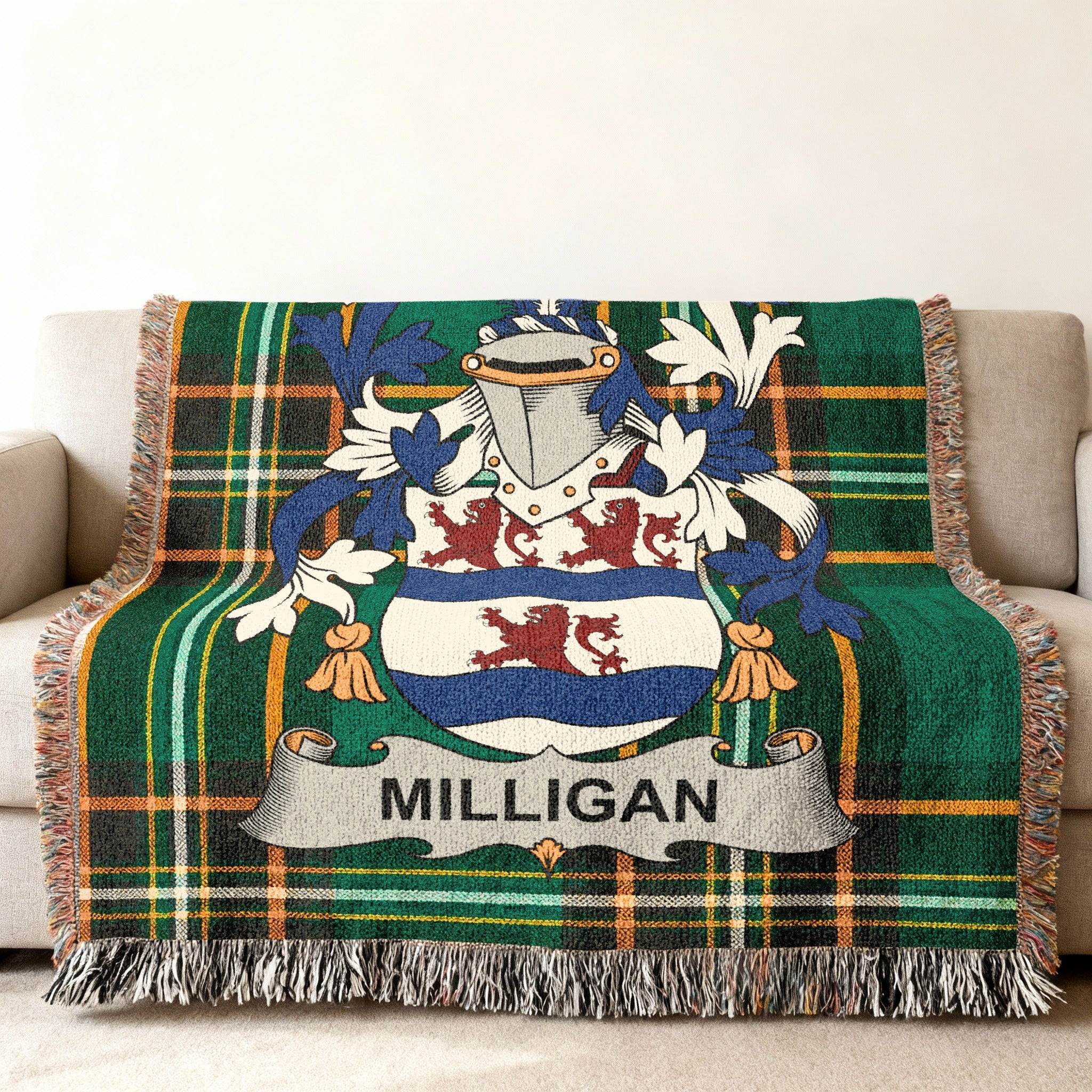 Green plaid throw blanket with the Milligan family crest and name.