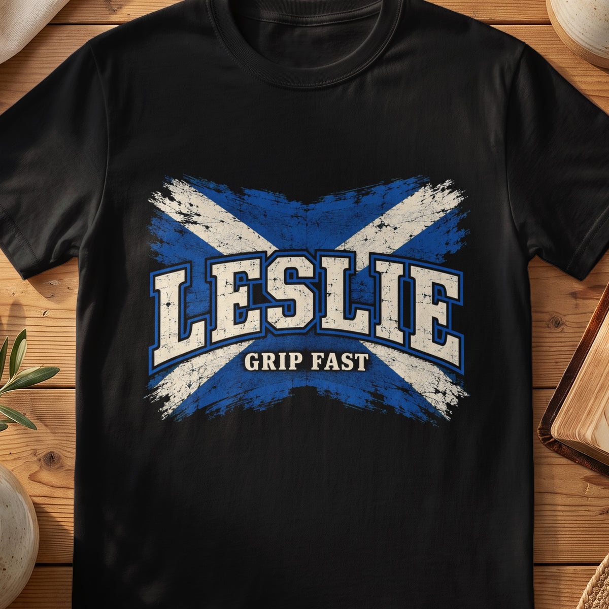 Leslie Scottish Saltire T-shirt in Black, with distressed blue and cream flag and “Grip Fast” lettering.