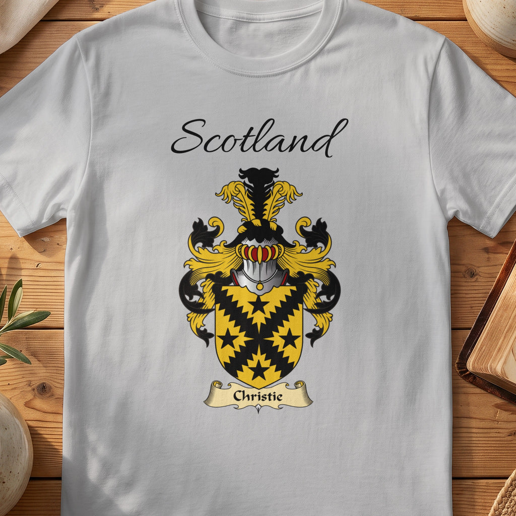 Sport Grey Christie Scottish family shield T-shirt featuring a black jagged diagonal cross and star motifs on gold