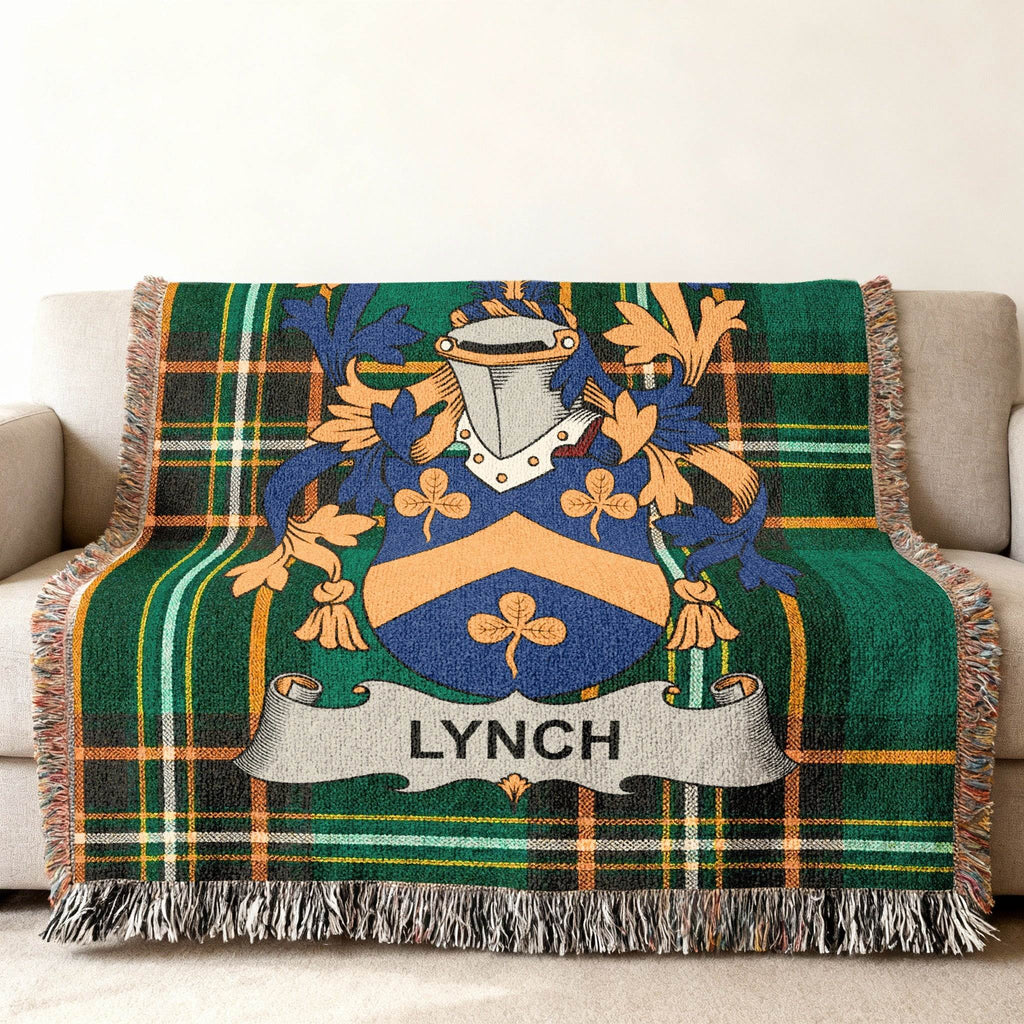 Green and blue tartan throw blanket with the Lynch family crest.