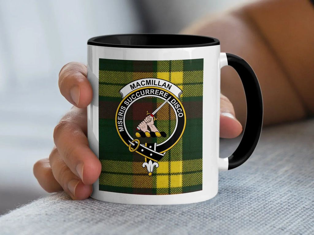 Top-down view of MacMillan clan crest mug showing interior accent colour