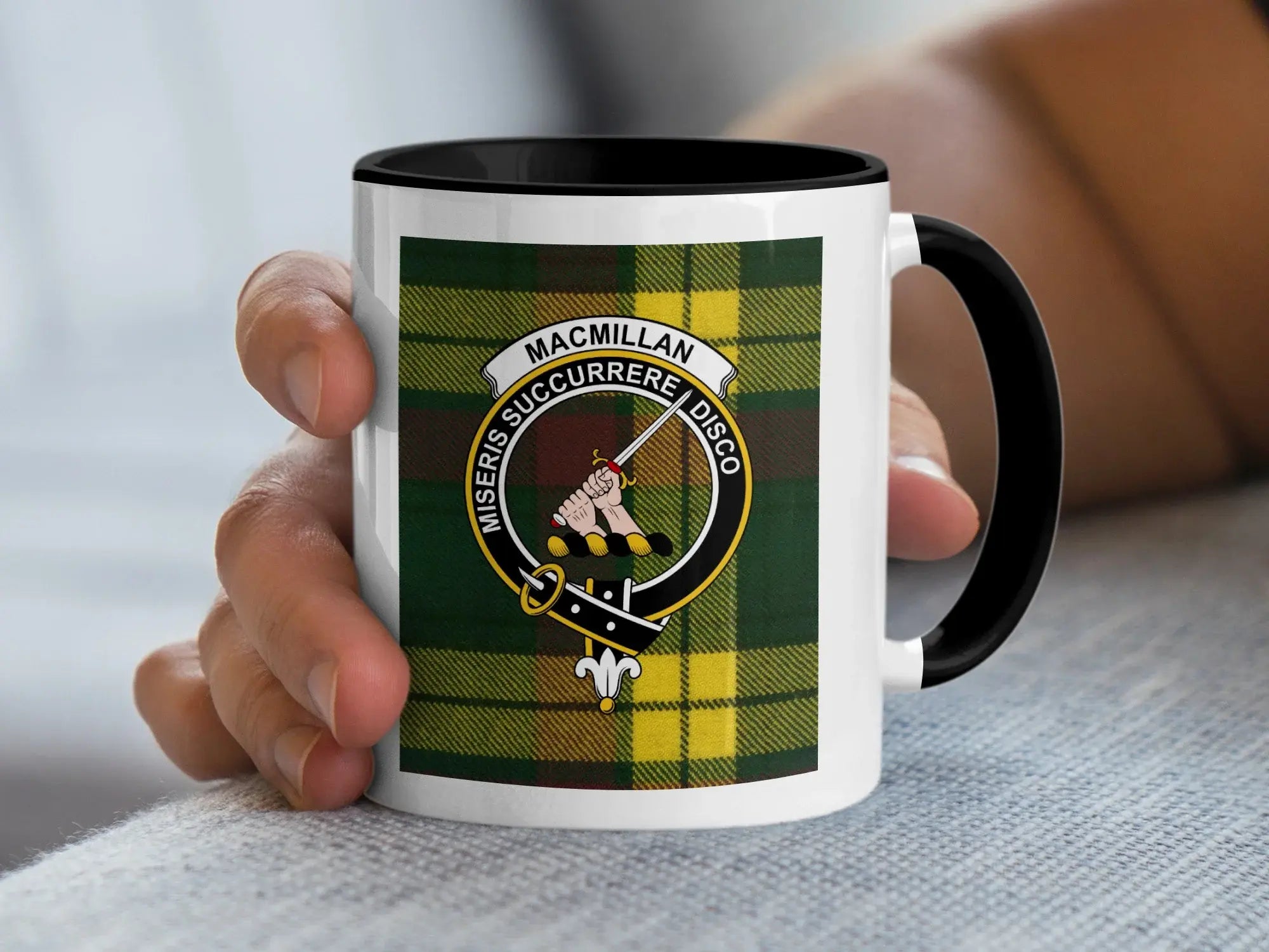 Top-down view of MacMillan clan crest mug showing interior accent colour