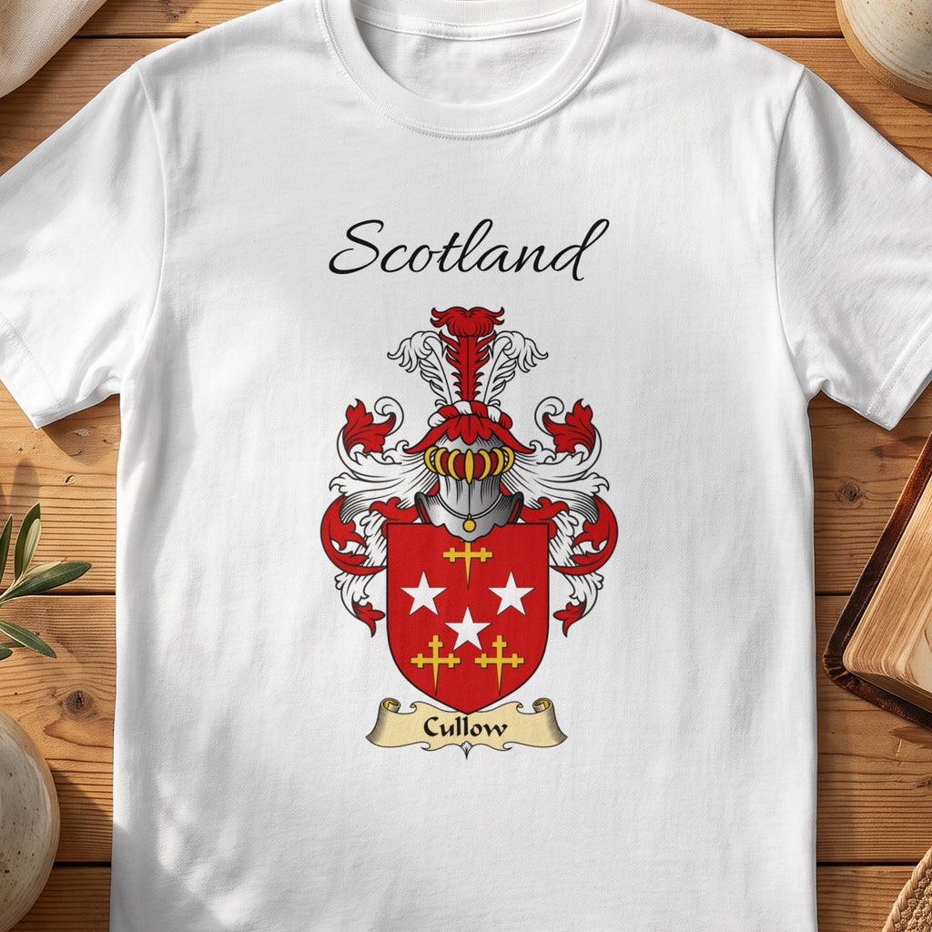 White Cullow Scottish family shield T-shirt featuring white stars and gold crosses on red