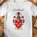White Cullow Scottish family shield T-shirt featuring white stars and gold crosses on red