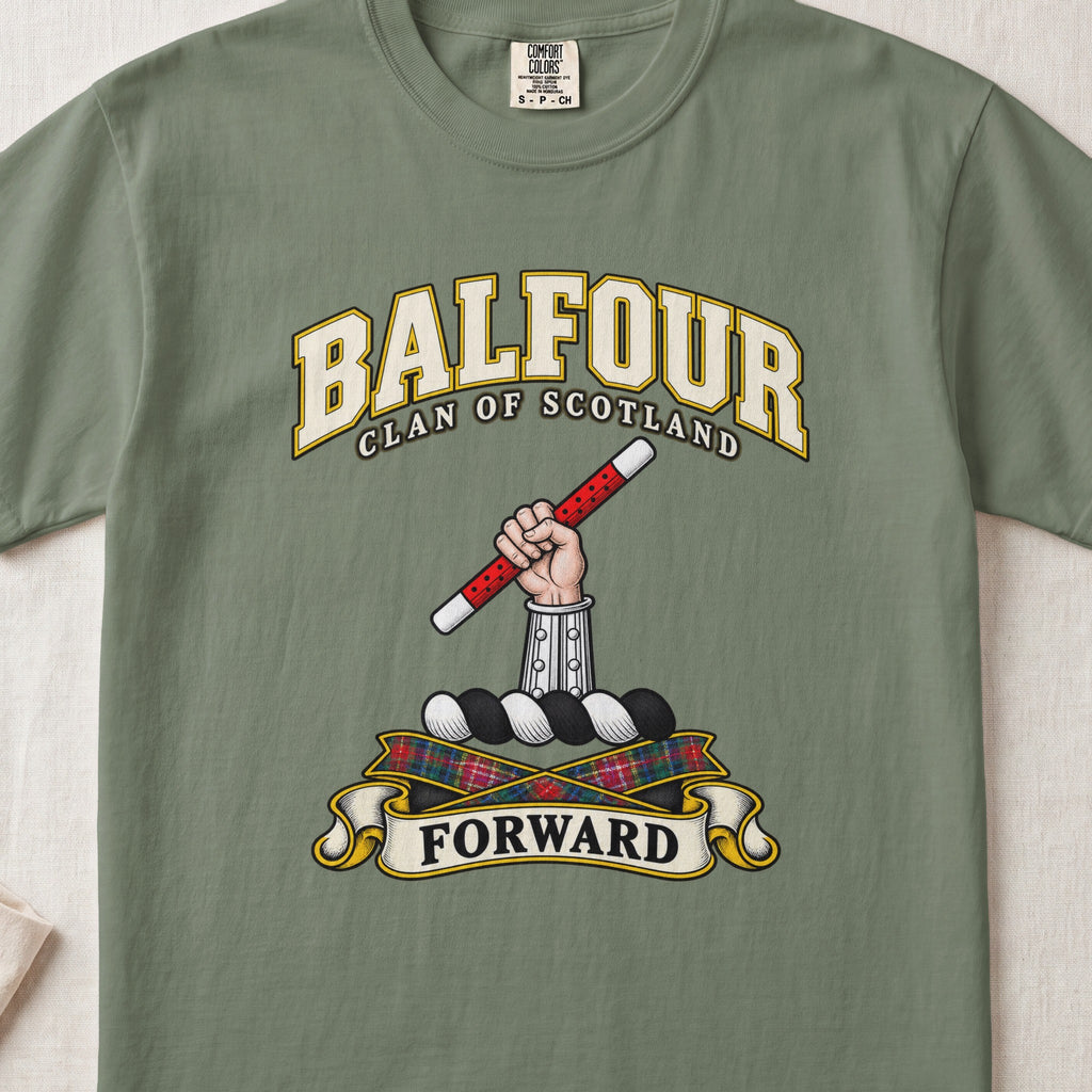 Balfour Scottish clan T-shirt in Moss, front view with an armoured hand holding a red-and-white baton and motto design.