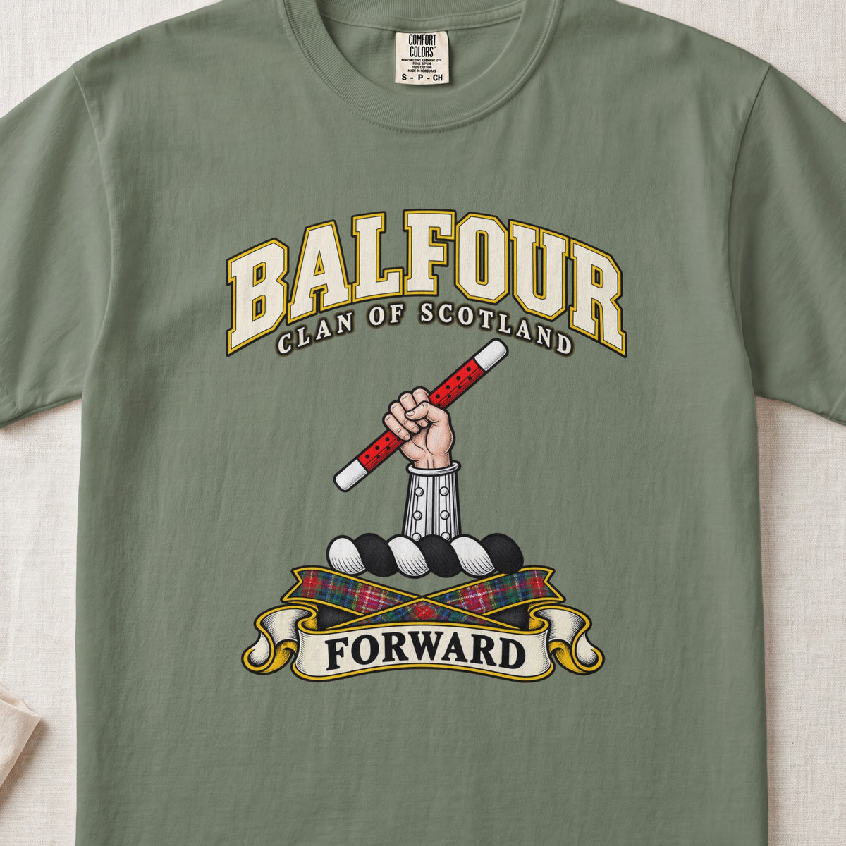 Balfour Scottish clan T-shirt in Moss, front view with an armoured hand holding a red-and-white baton and motto design.