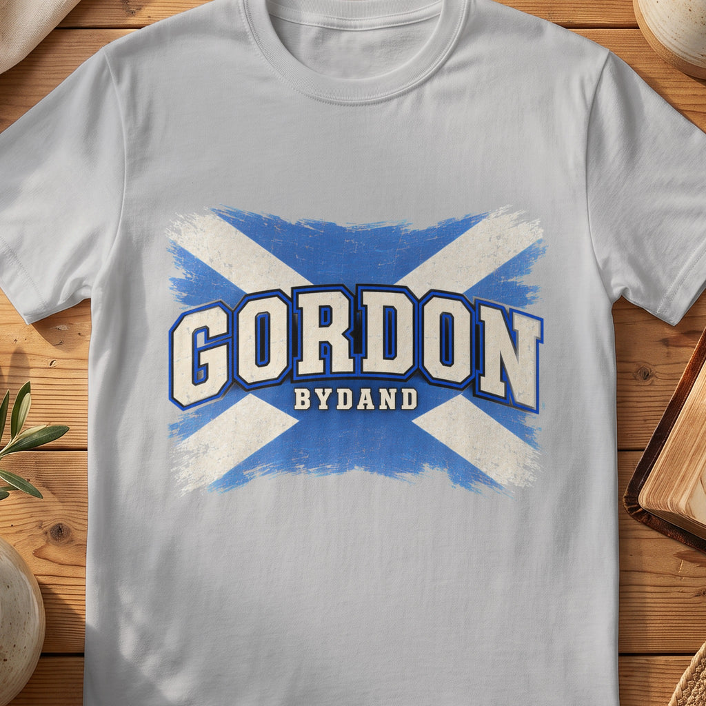Gordon Scottish Saltire T-shirt in Sport Grey, with distressed blue and cream flag and “Bydand” lettering.