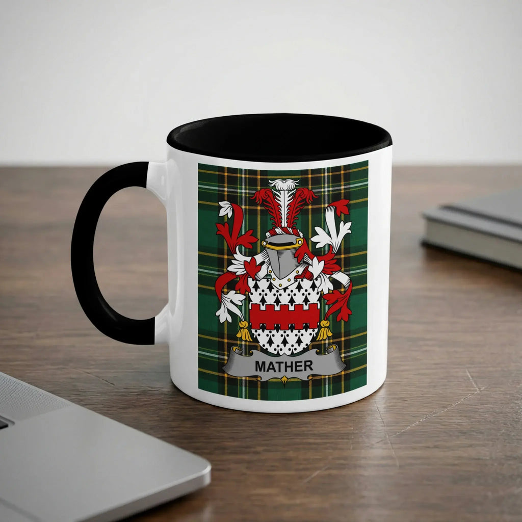 Mather family crest on a white mug with a black rim and handle.