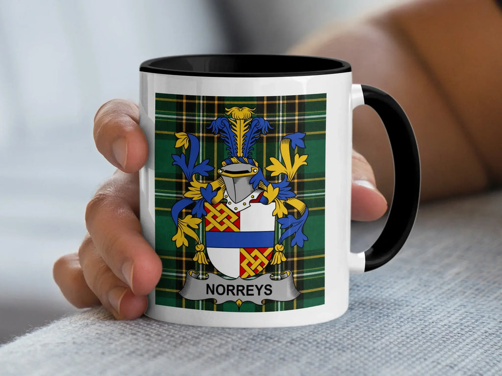 Norreys Irish Heritage Accent Mug with black handle and family crest