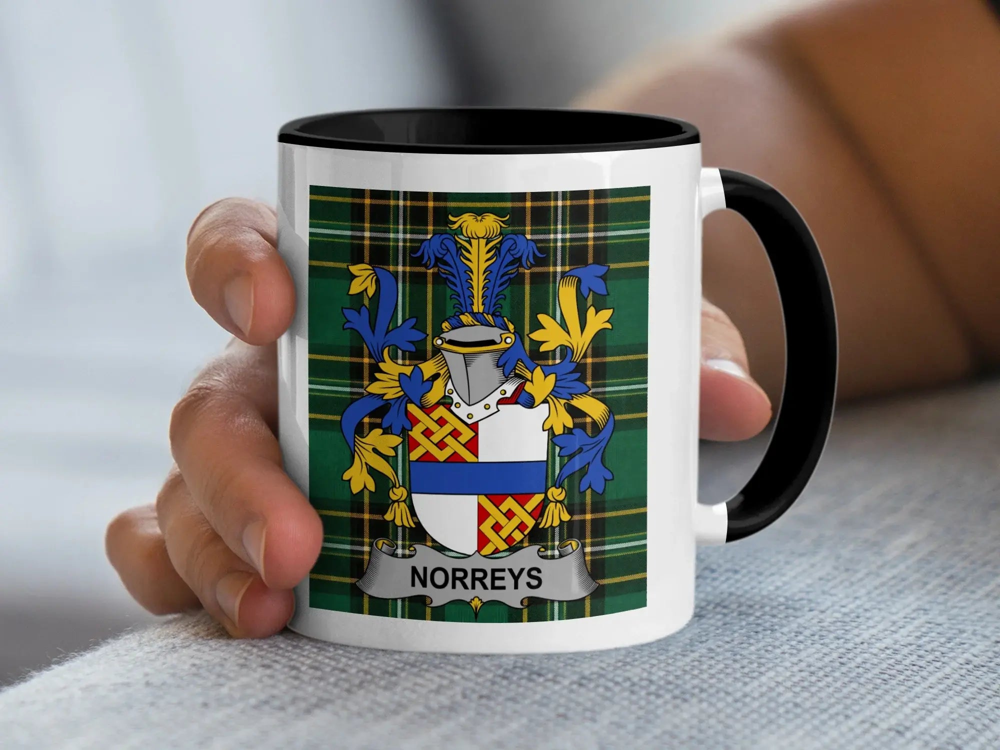 Norreys Irish Heritage Accent Mug with black handle and family crest