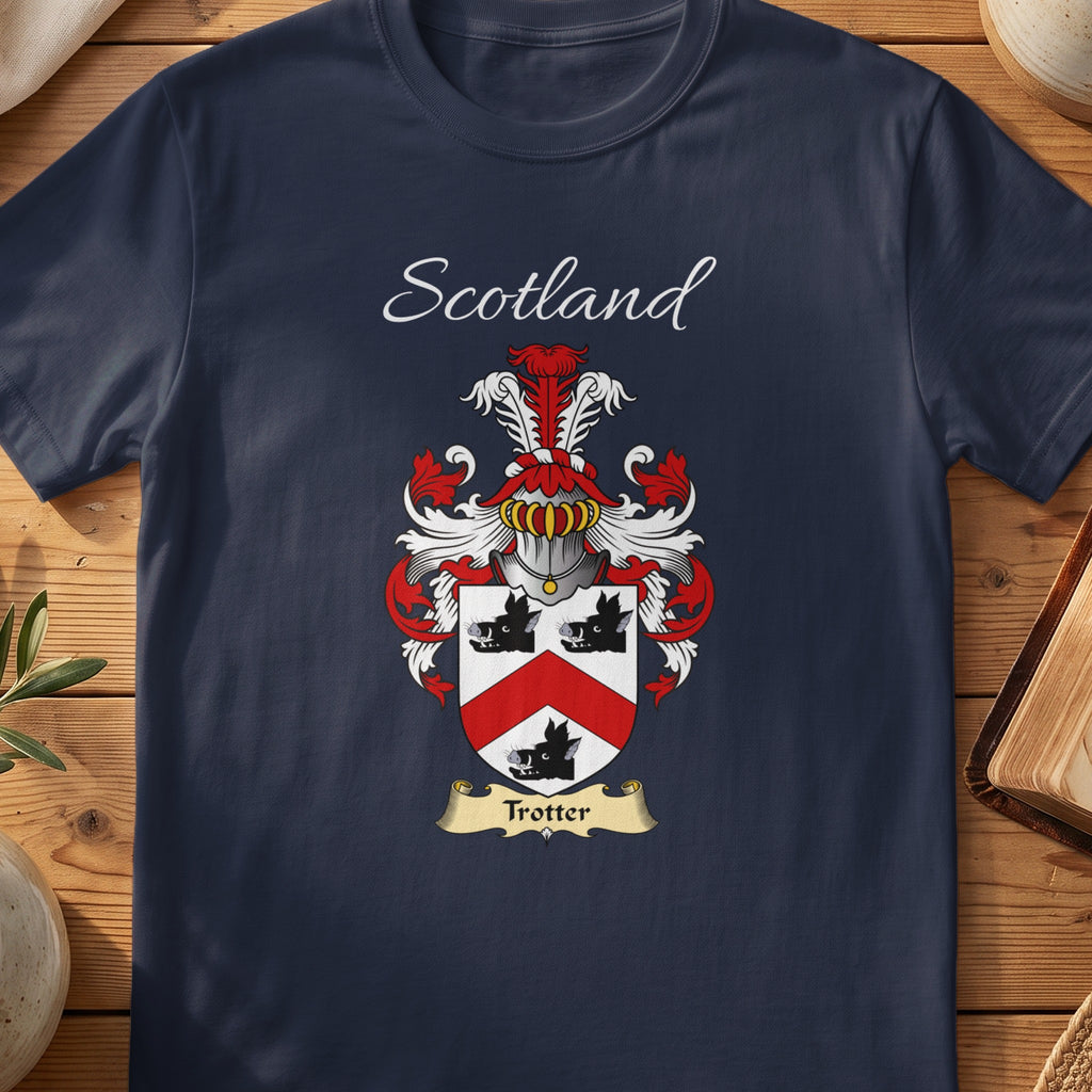 Navy Trotter heritage T-shirt laid flat with “Scotland” and the colourful family shield design.