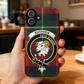 Clan Ruthven tartan phone case — glossy edge-to-edge ram crest print, iPhone shown