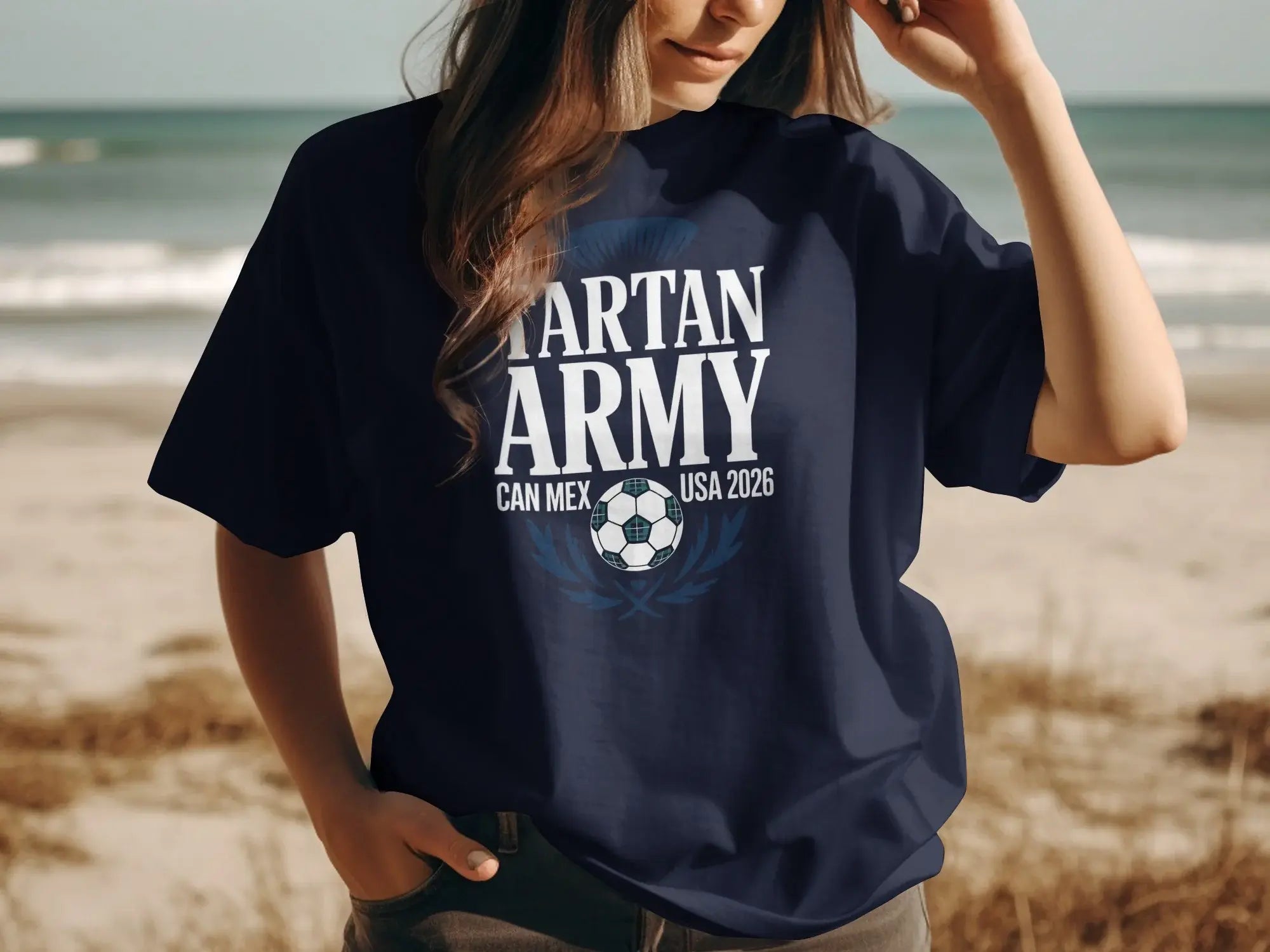 Navy t-shirt with "Tartan Army USA 2026" and a soccer ball design.