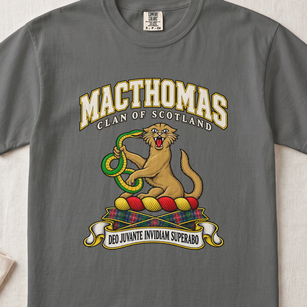 MacThomas Scottish clan T-shirt in Pepper, front view with a golden wildcat holding a green snake and motto banner.