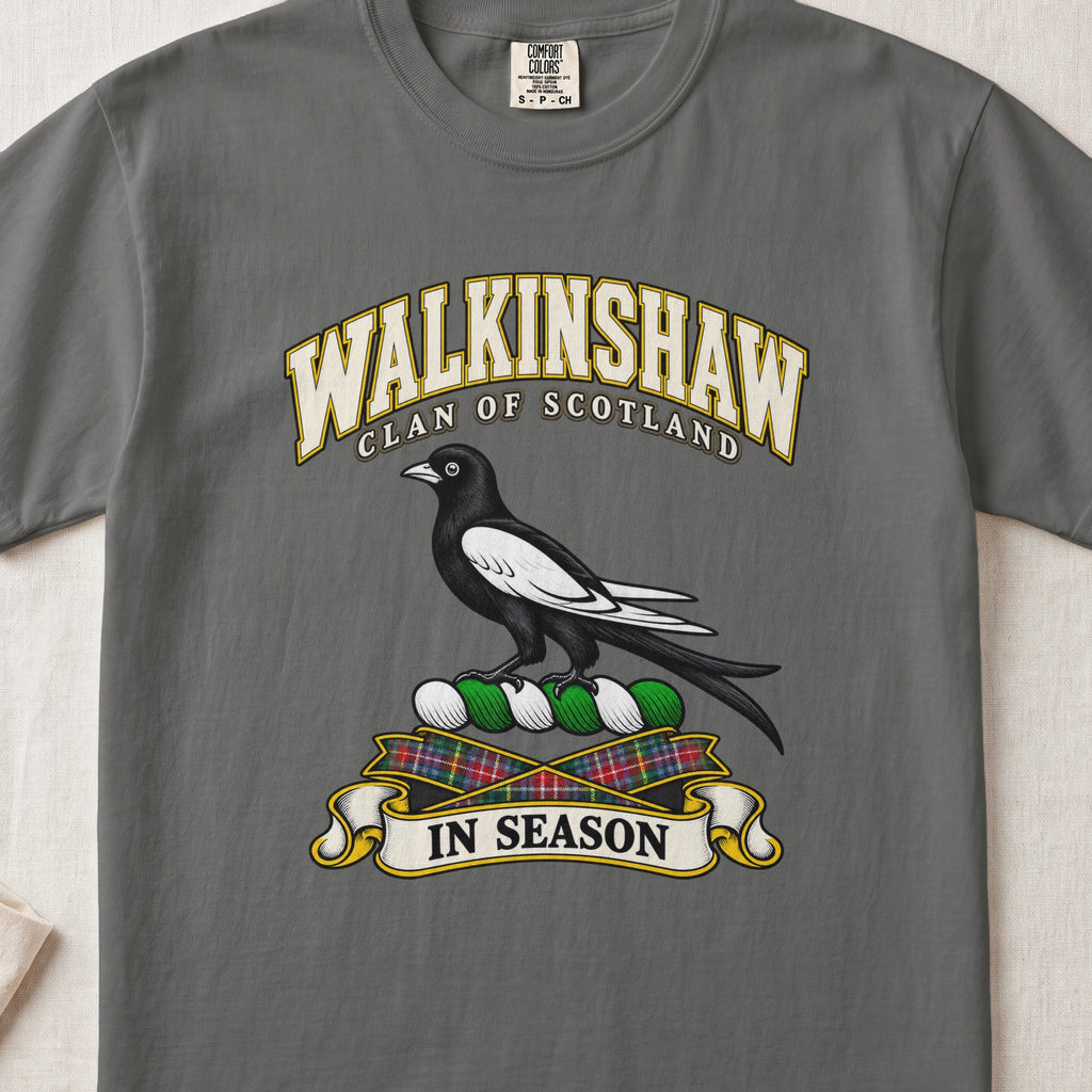 Walkinshaw Scottish clan T-shirt in Pepper, front view with a black and white magpie and motto design.