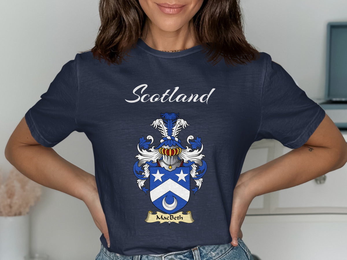 MacBeth Scottish family shield design on Navy T-shirt