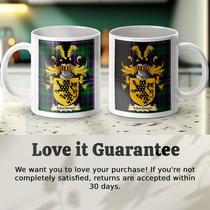 Mortimer Clan Surname Coat Of Arms Tartan Mug - Celtic Ancestry Gifts