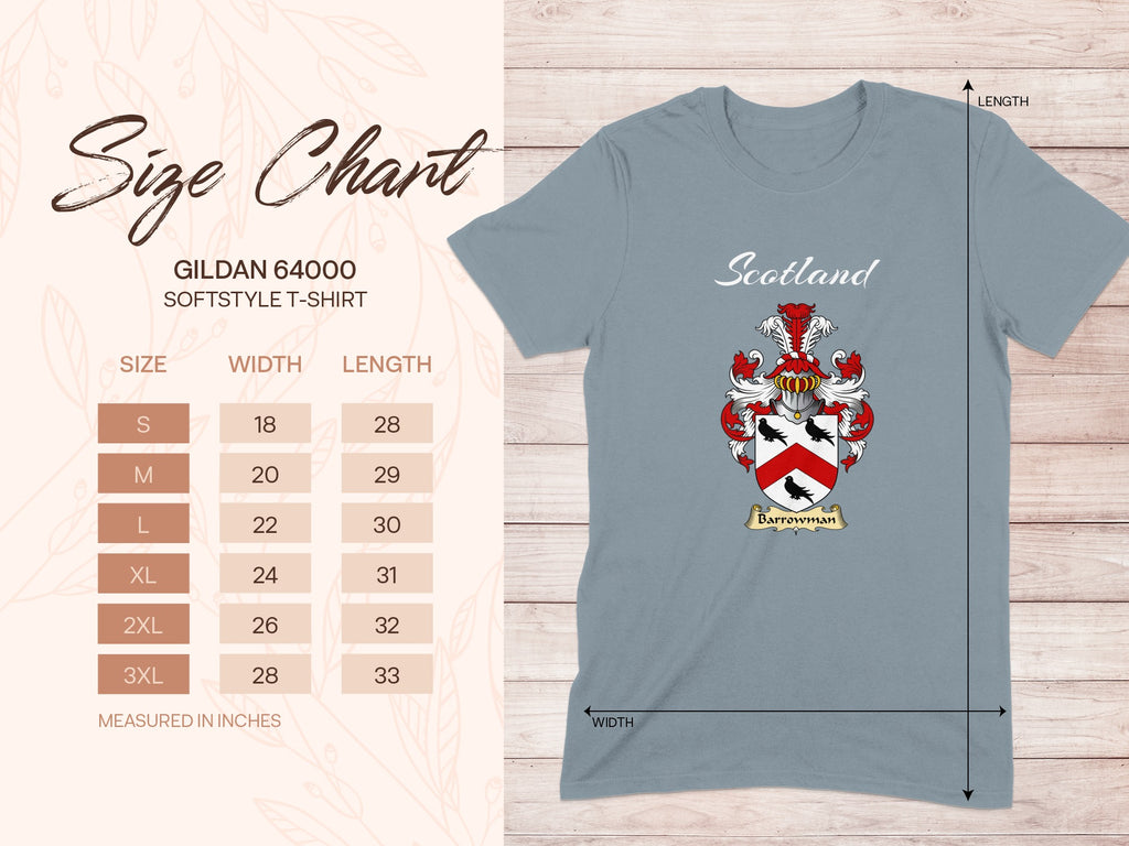 Gildan 64000 size chart for Barrowman Scottish family shield T-shirt