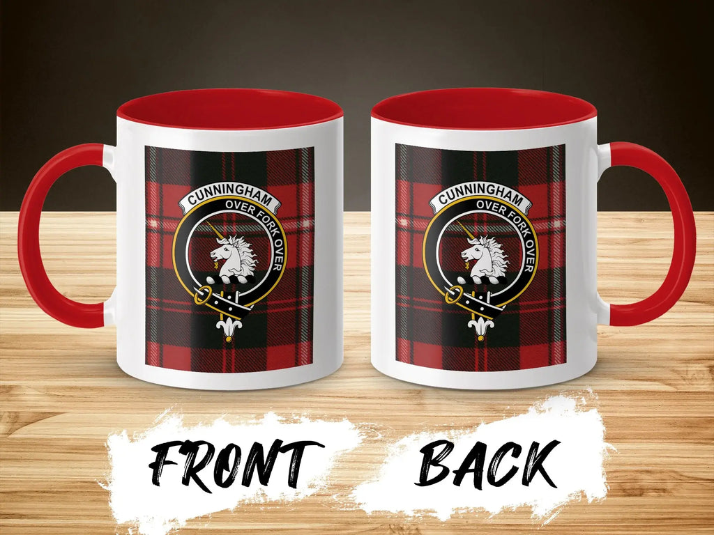 Cunningham clan crest mug — kilt tartan design on glossy ceramic, multiple accent colours