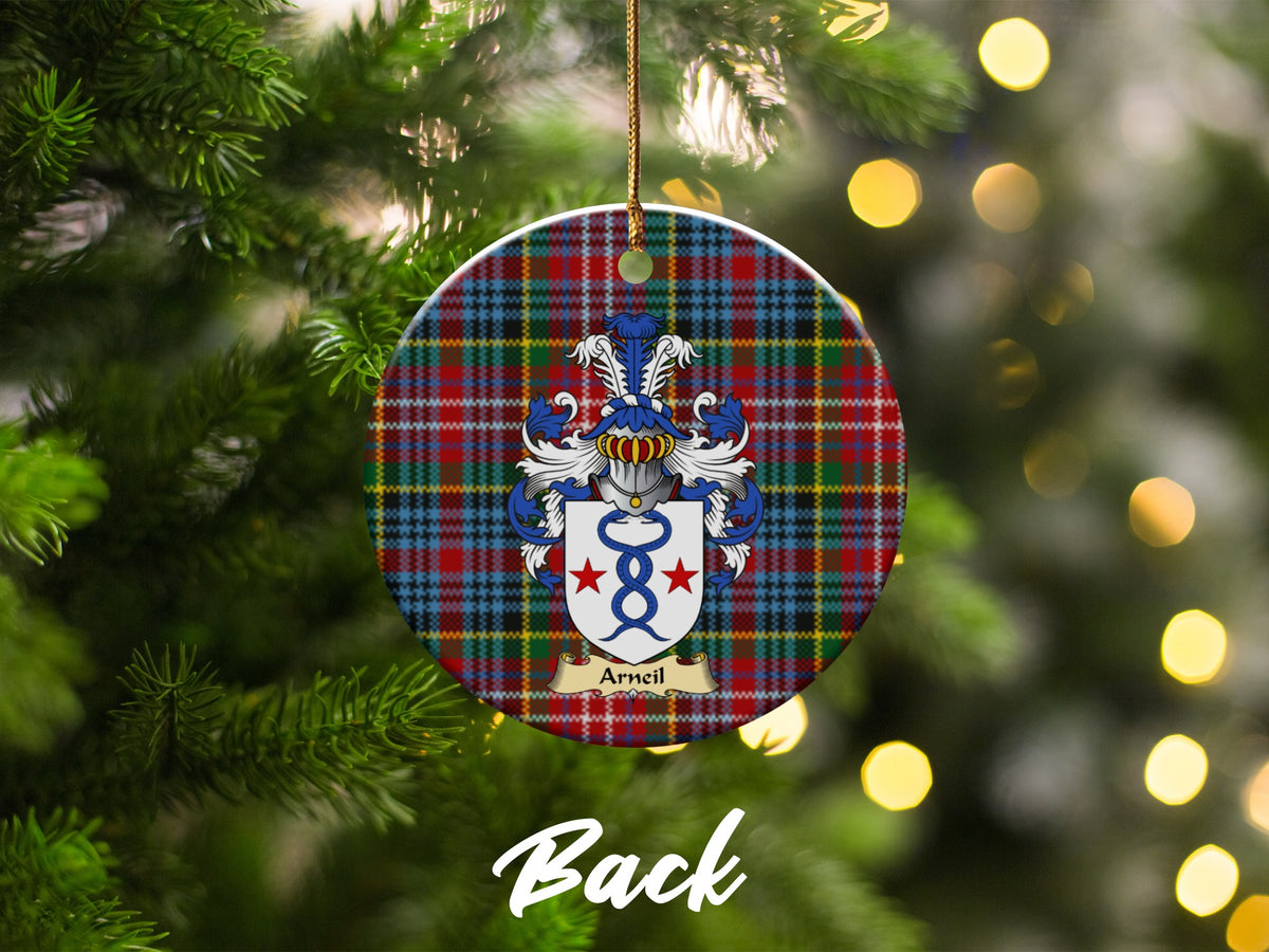 Double-sided Arneil ceramic ornament with family shield and Caledonia tartan background