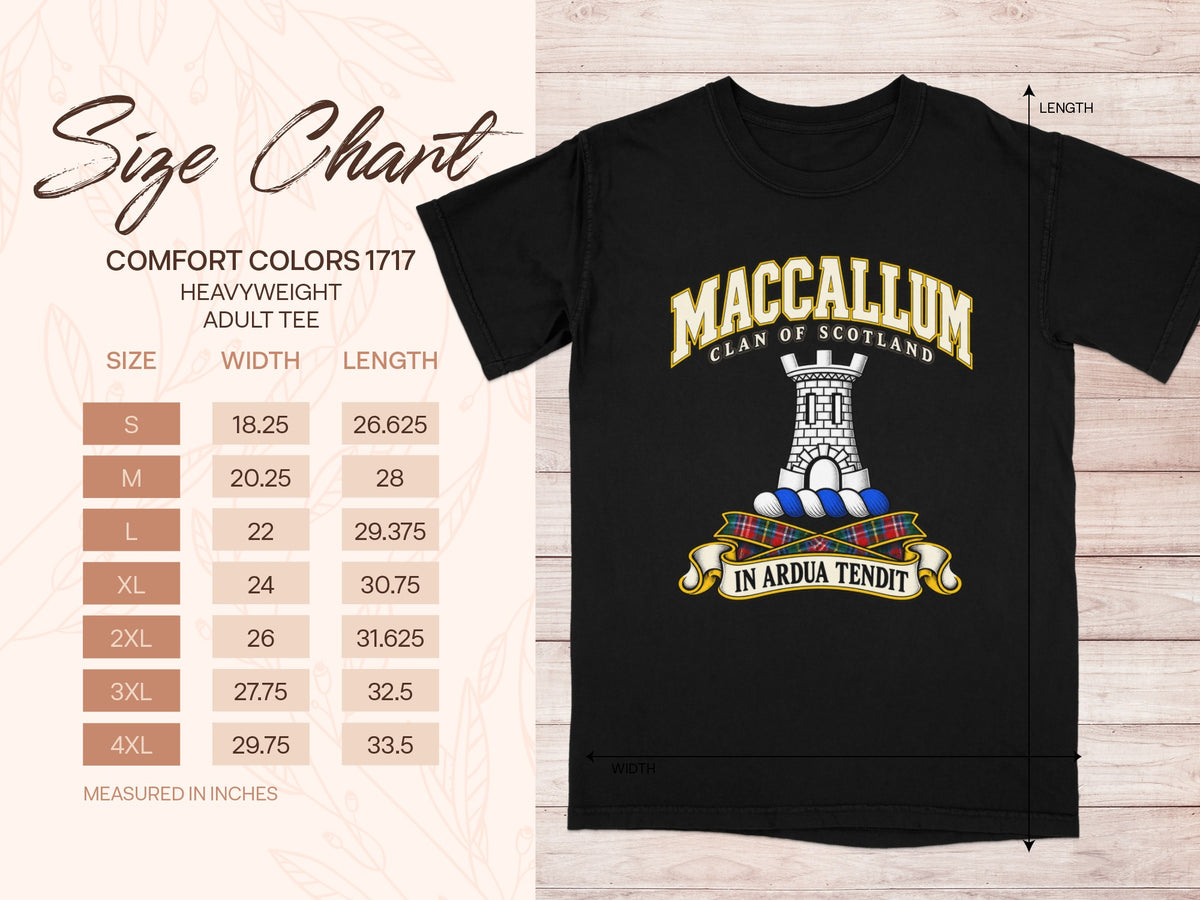 Comfort Colors 1717 size chart for the MacCallum Scottish clan T-shirt, adult sizes S–4XL.