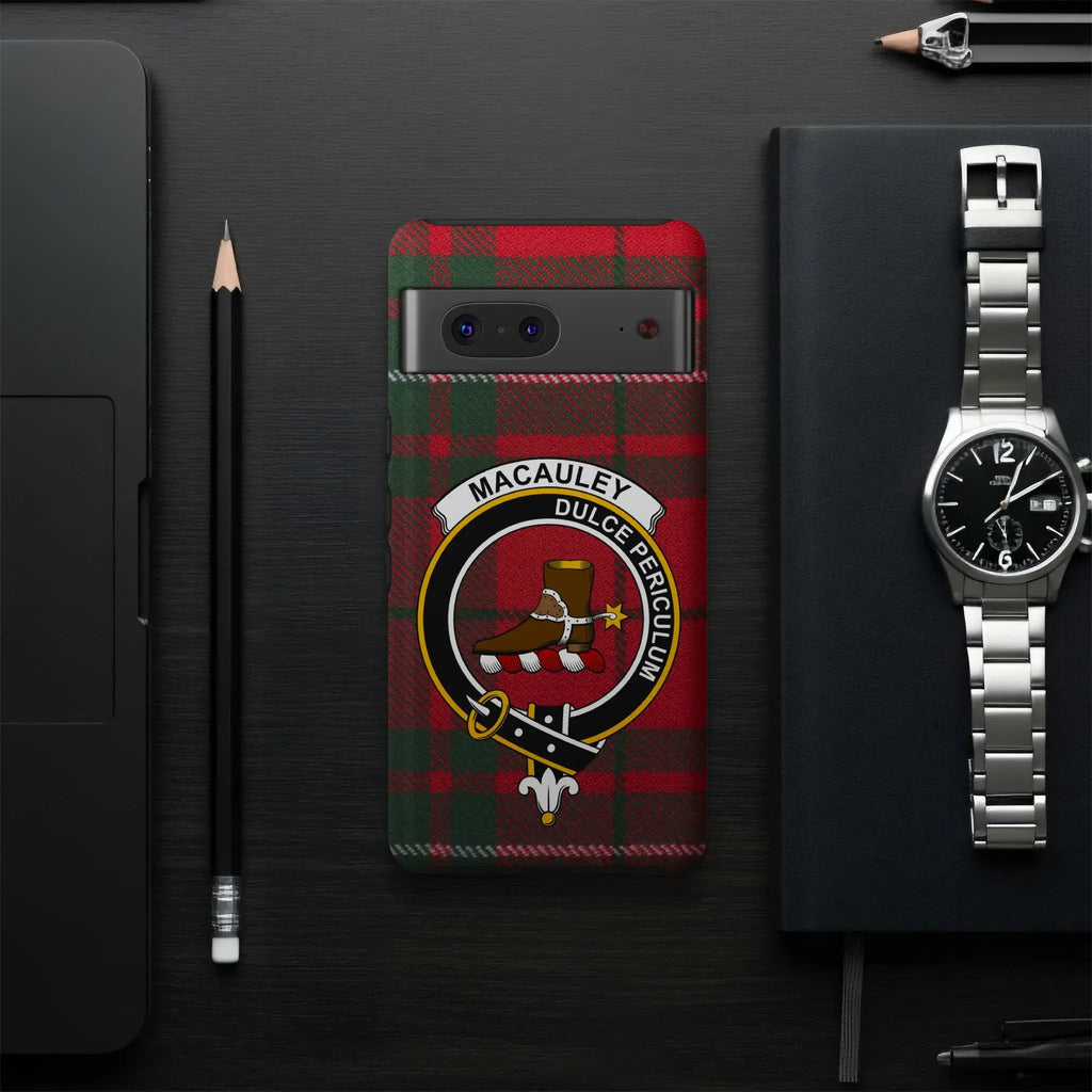 Clan MacAulay tartan crest phone case — UV-resistant coating, full colour wrap, Google Pixel fit