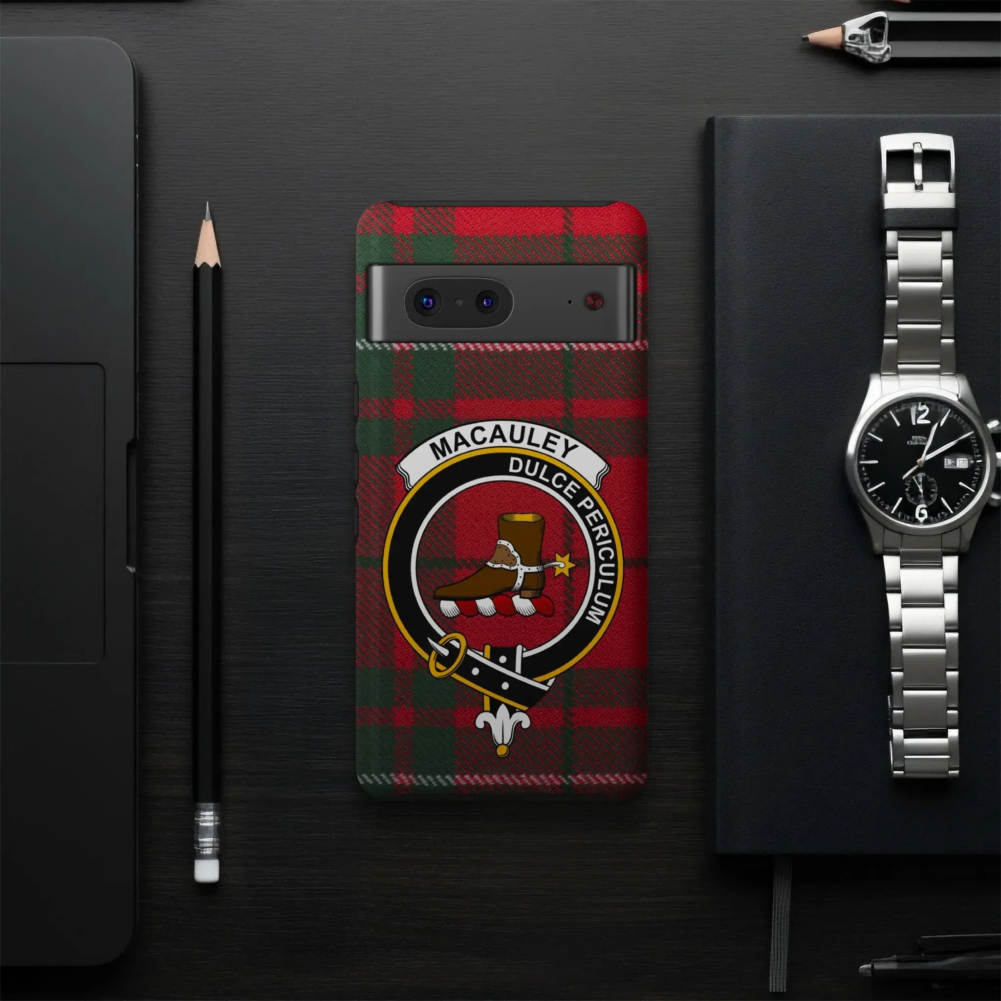 Clan MacAulay tartan crest phone case — UV-resistant coating, full colour wrap, Google Pixel fit