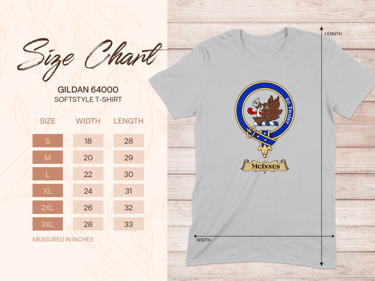 Gildan 64000 size chart for McInnes Scottish clan crest T-shirt