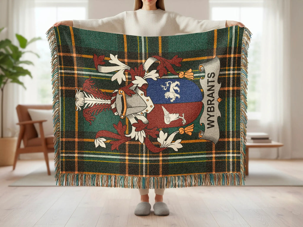 Tartan blanket with a coat of arms featuring a lion and the text "Wybrants".