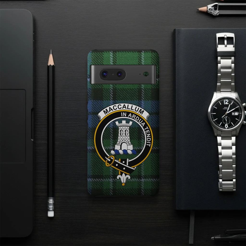 MacCallum Scottish tartan clan crest phone case — 3D wrap print shown on Samsung Galaxy