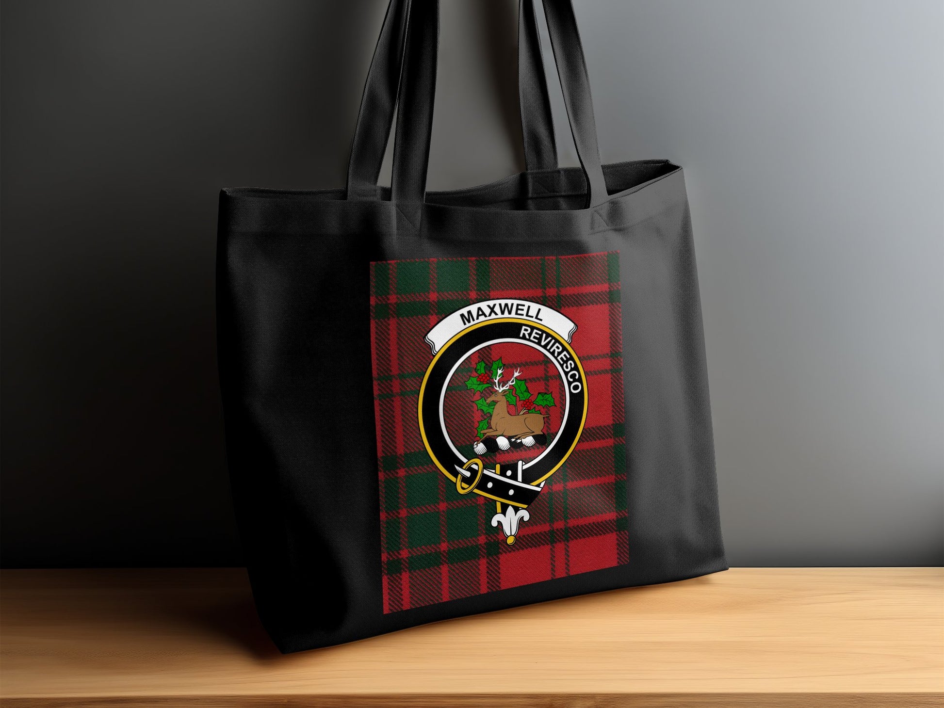 Scottish Clan Maxwell Crest on Red Tartan Tote Bag - Living Stone Gifts