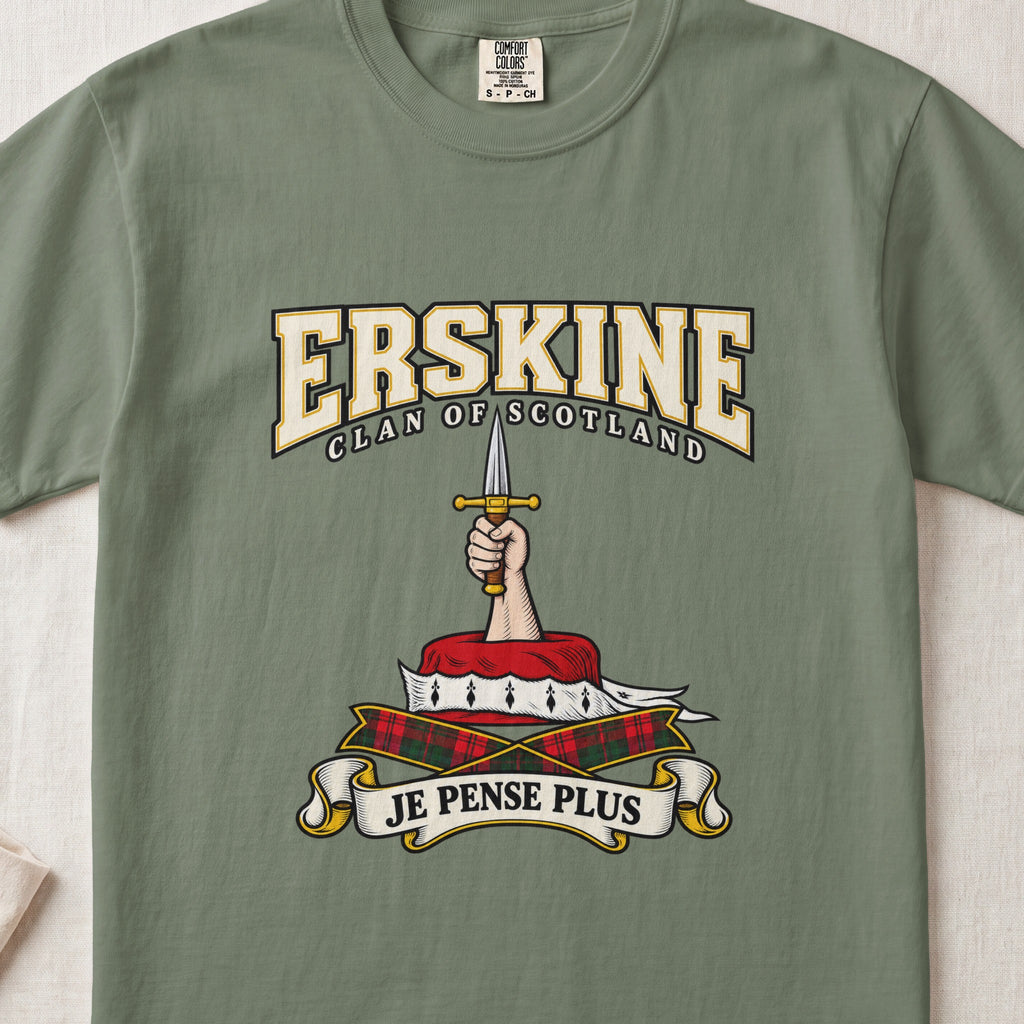 Erskine Scottish clan graphic T-shirt in Moss, front view