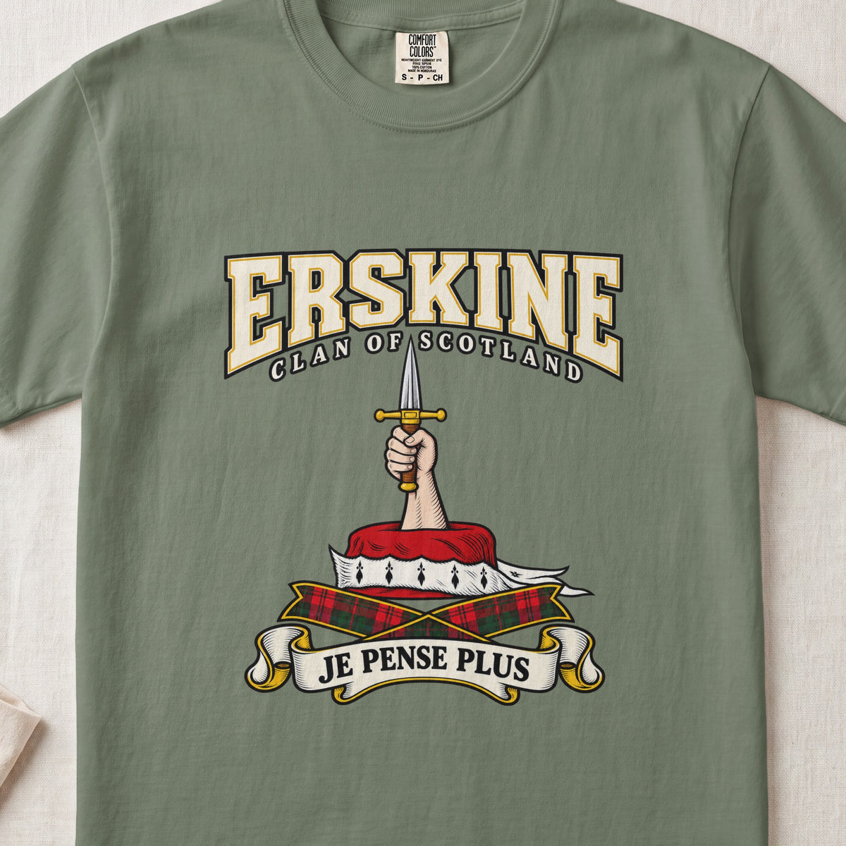 Erskine Scottish clan graphic T-shirt in Moss, front view