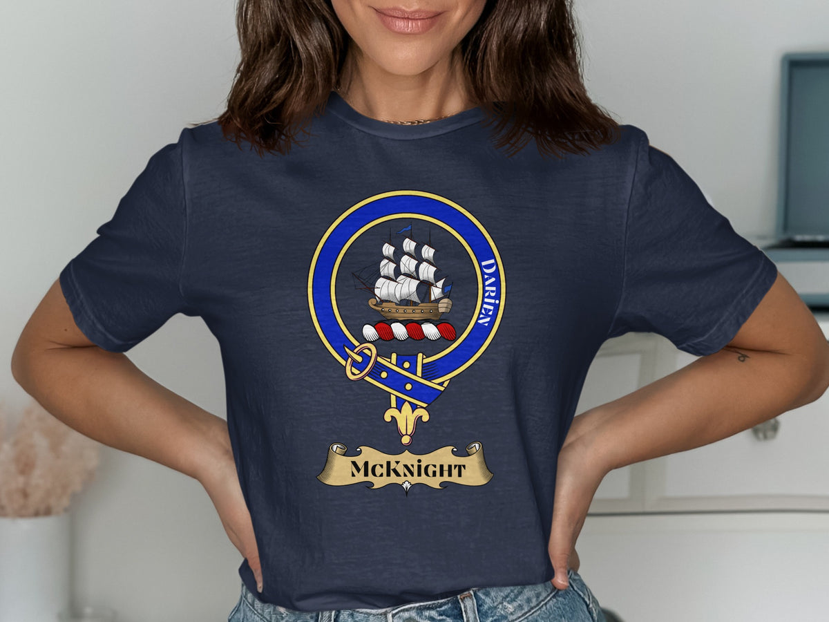 McKnight Scottish clan crest design on navy T-shirt
