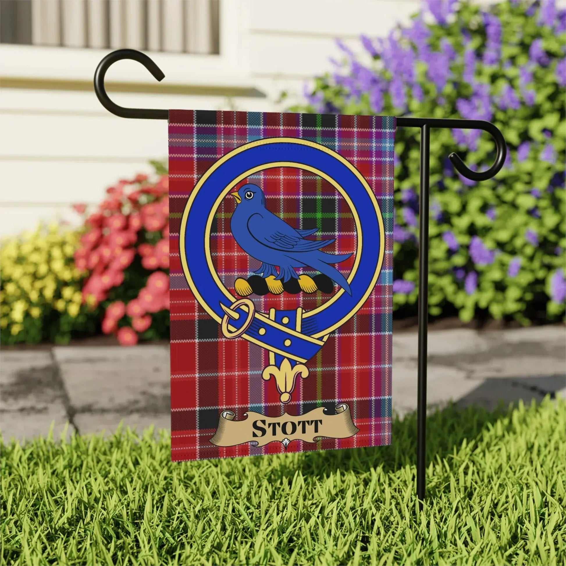 Stott Clan Crest on Red Tartan Garden Flag product