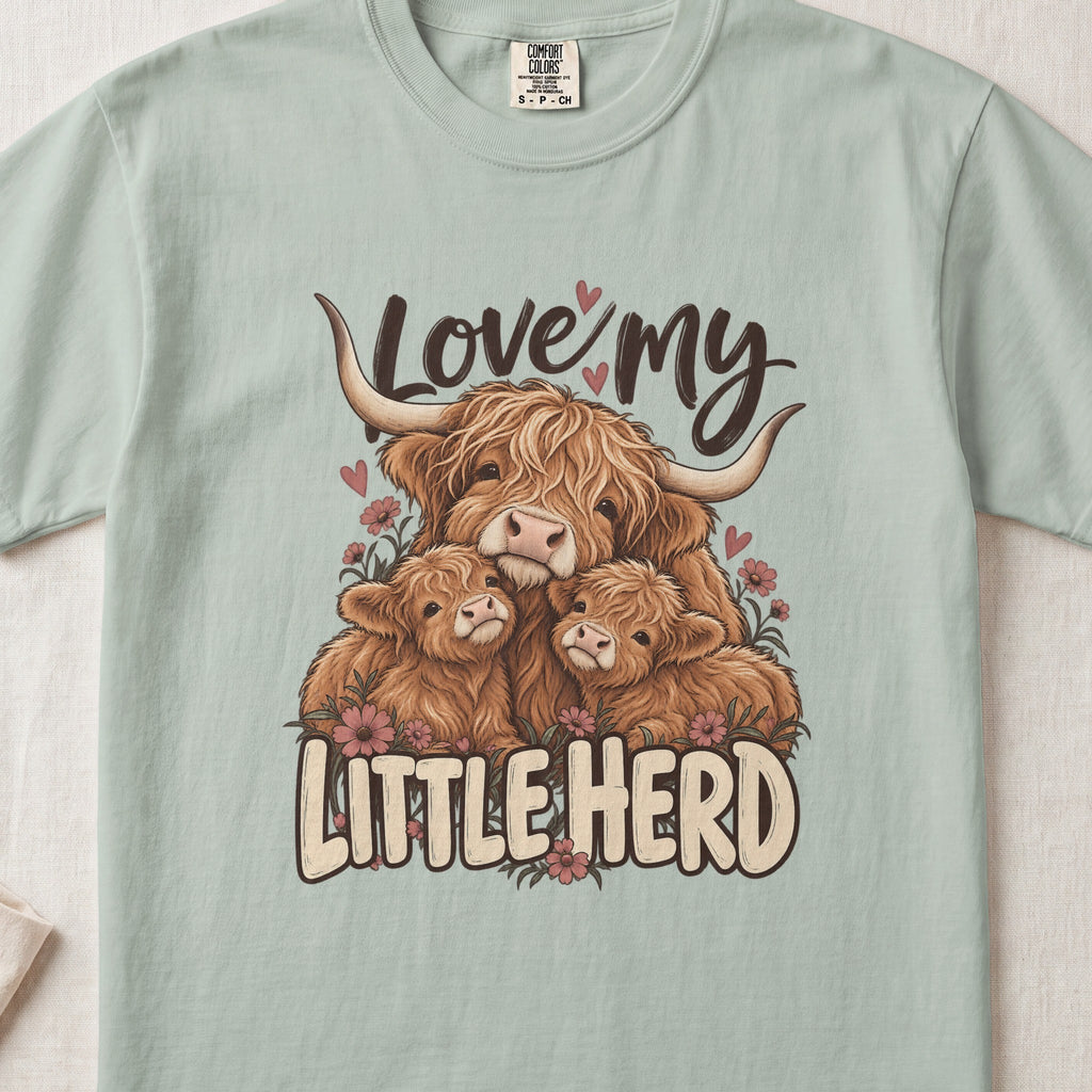 Love My Little Herd Highland cow design on a Bay Comfort Colors 1717 T-shirt, flat lay