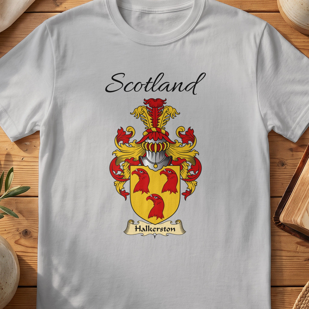 Sport Grey Halkerston Scottish family shield T-shirt featuring three red bird heads on gold