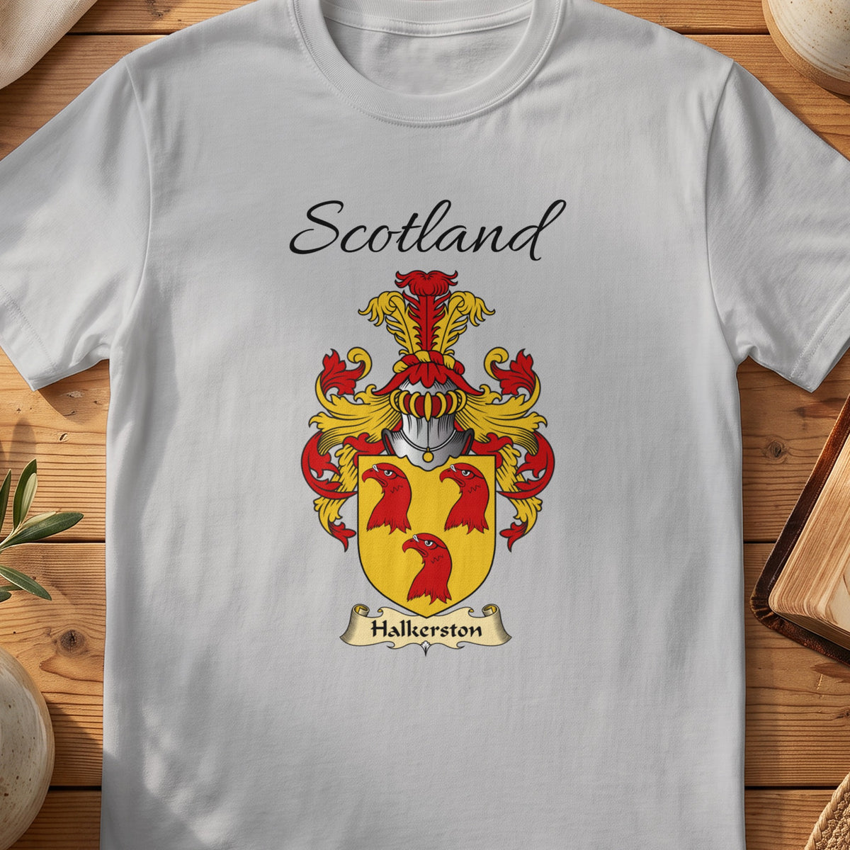 Sport Grey Halkerston Scottish family shield T-shirt featuring three red bird heads on gold