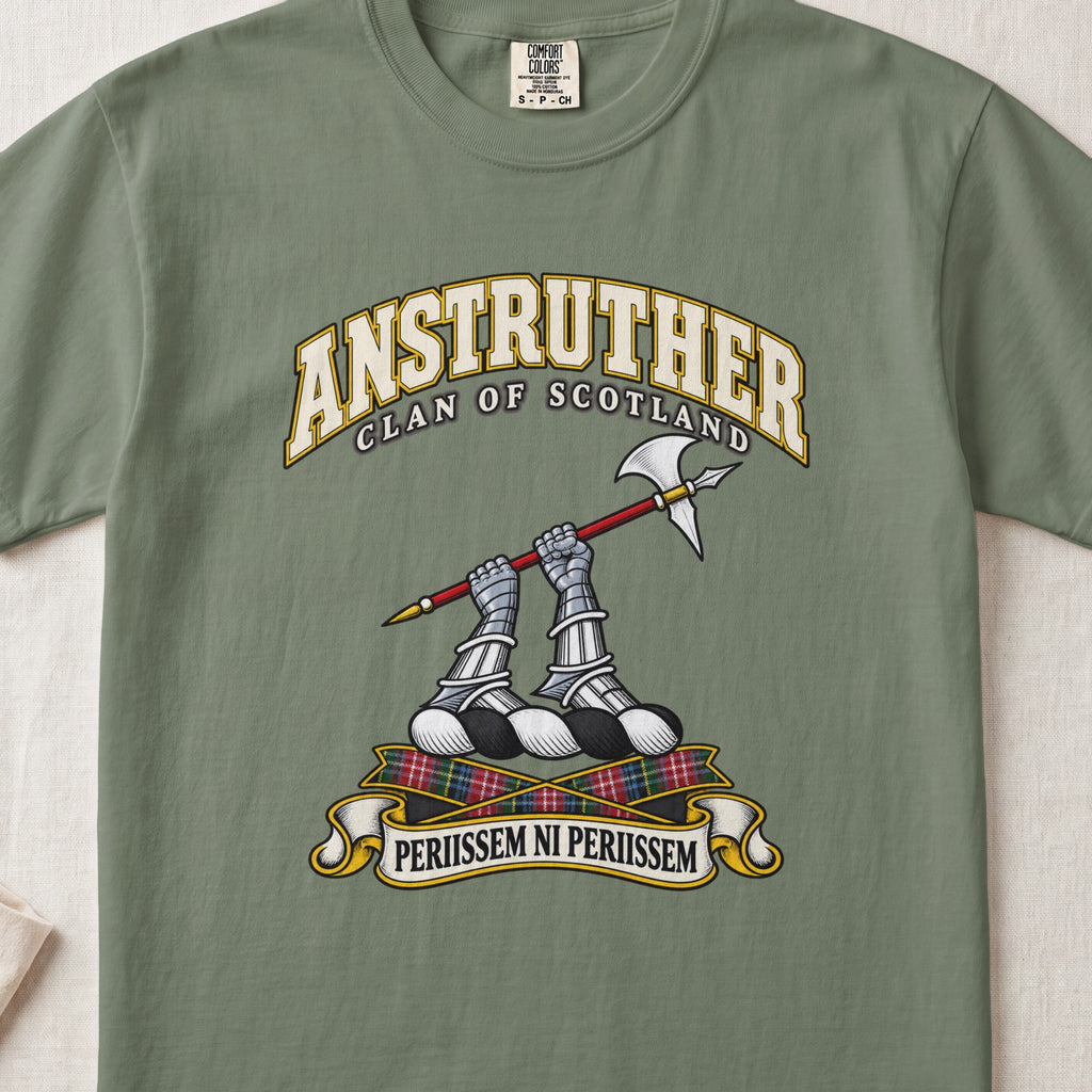 Anstruther Scottish clan T-shirt in Moss, front view with two armoured hands holding a red-shafted halberd and motto banner.