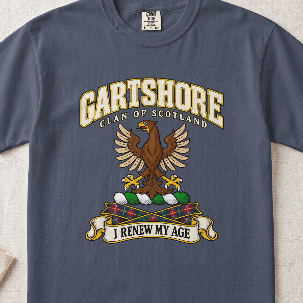Gartshore Scottish clan T-shirt in Midnight, front view with a brown eagle with spread wings and motto design.
