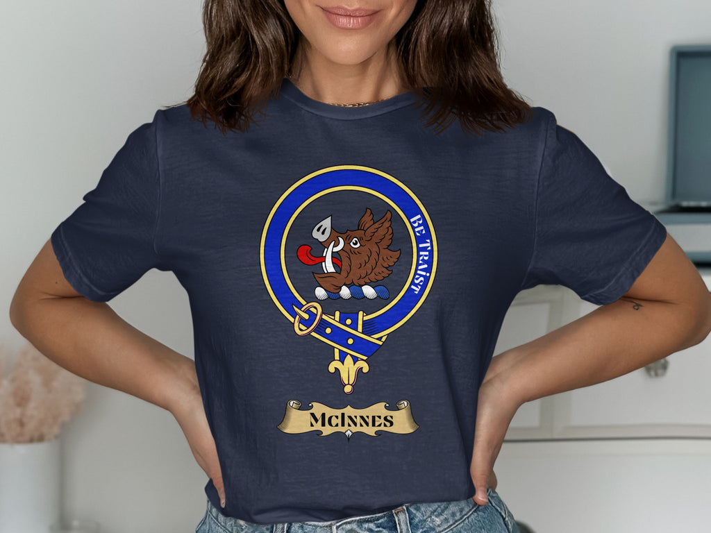 McInnes Scottish clan crest design on navy T-shirt