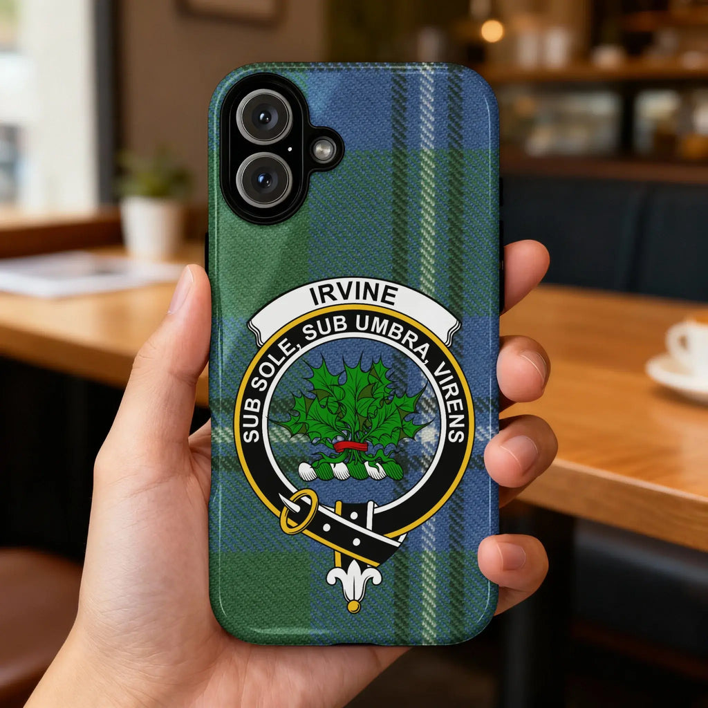 Clan Irvine tartan crest phone case — full 3D wrap print with Sub Sole Sub Umbra Virens motto, glossy finish