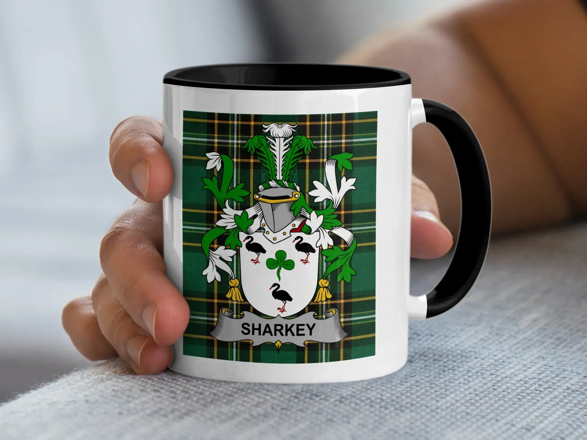 Sharkey Irish family crest black accent mug on Irish National Tartan