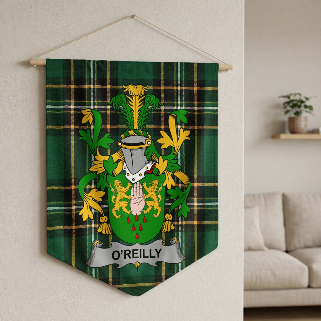 O'Reilly family crest displayed on green tartan fabric banner.