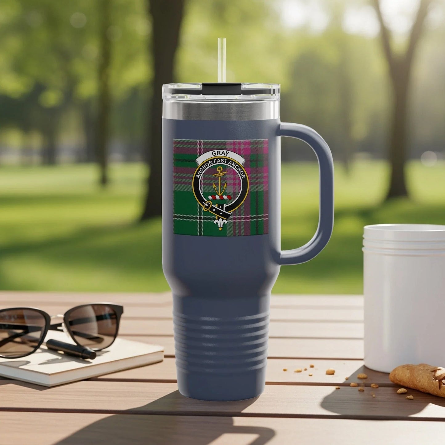 Plaid Pattern Gray Travel Mug With Handle product