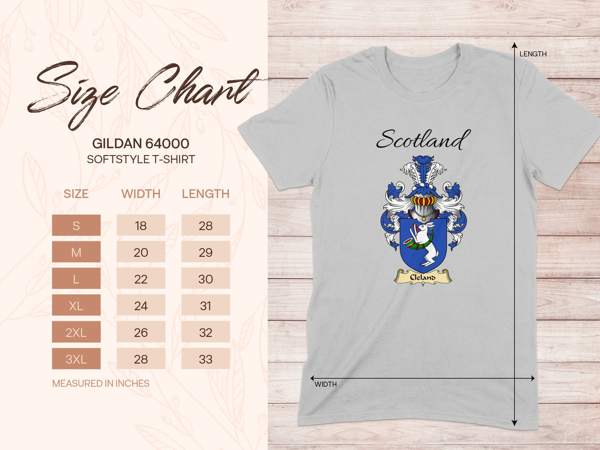 Gildan 64000 size chart for the Cleland unisex T-shirt, sizes S to 3XL