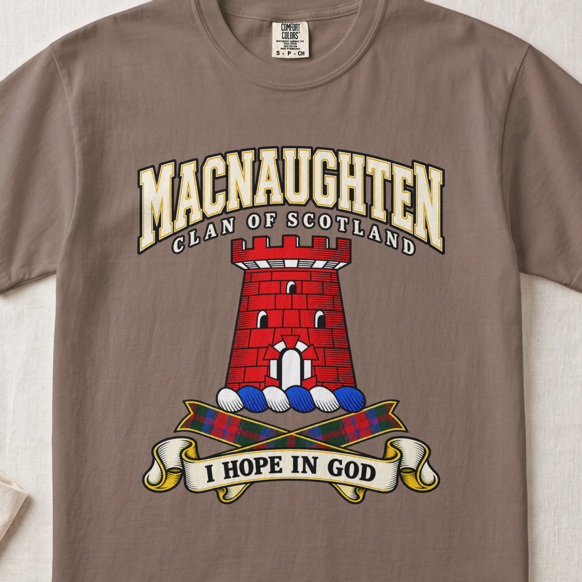 MacNaughten Scottish clan graphic T-shirt in Espresso, front view