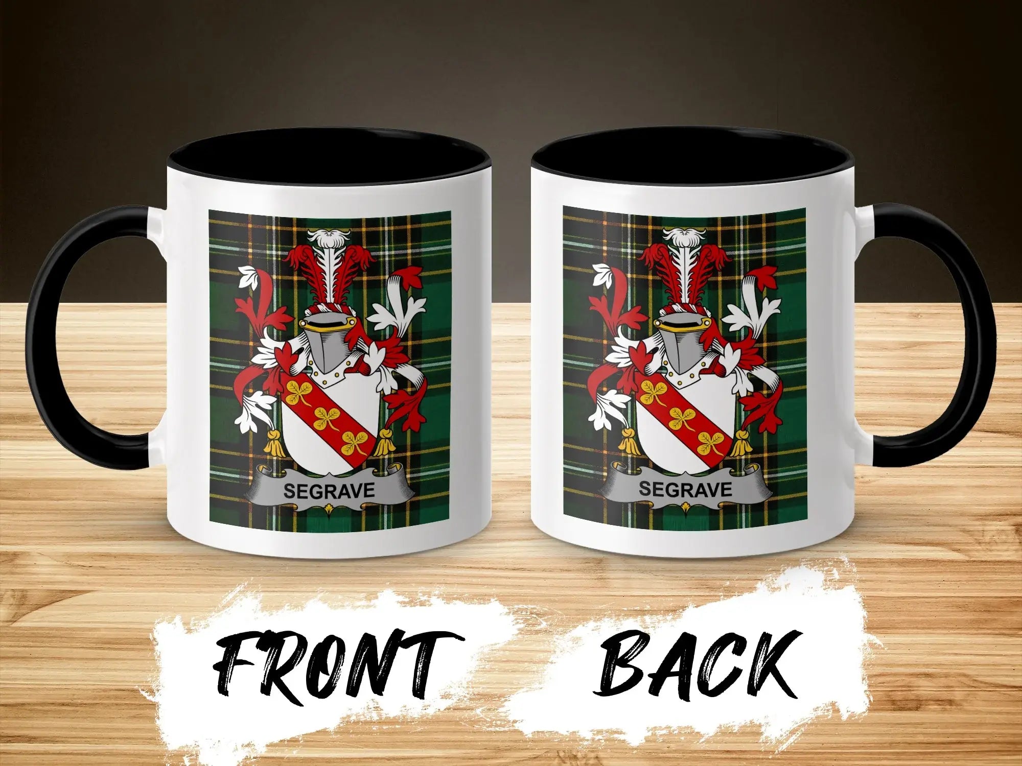 Two mugs showing the Seagrave coat of arms on a plaid background.