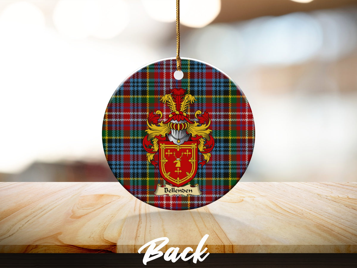 Round Bellenden Scottish clan ornament with family crest on a Caledonia tartan background